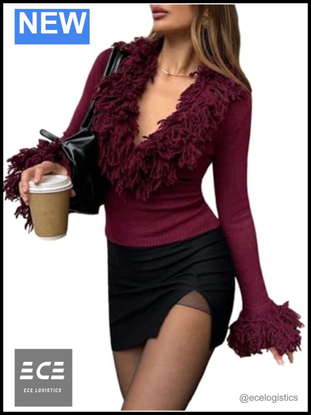 Verdusa Women's Tassel Deep V Neck Fuzzy Pullover Knit Sweater